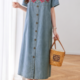 French Embroidered Single-breasted Denim Short Sleeve Dress