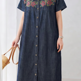 French Embroidered Single-breasted Denim Short Sleeve Dress