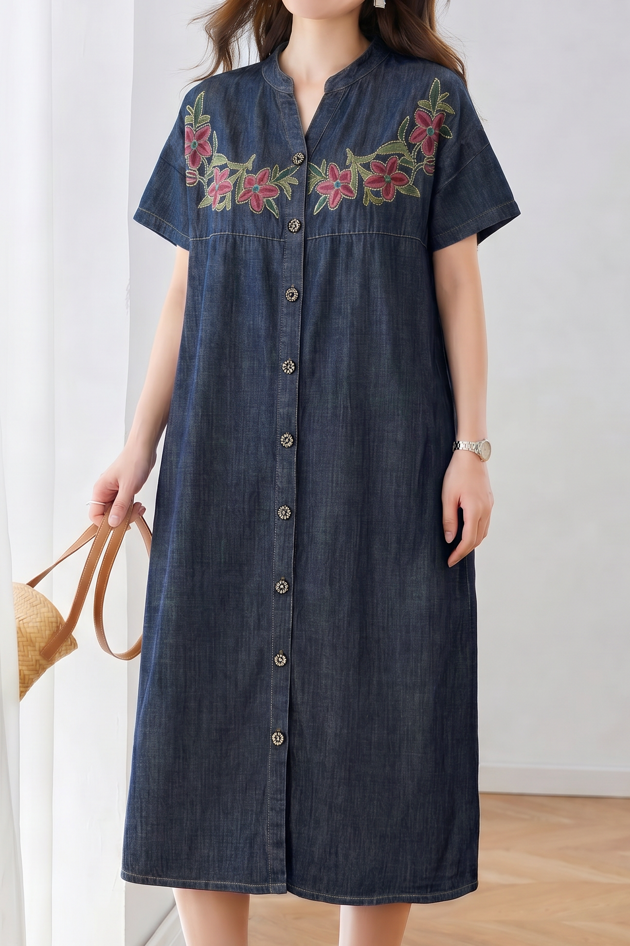 French Embroidered Single-breasted Denim Short Sleeve Dress