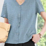 Delicate Textured Crinkle V-neck Short Sleeve Blouse