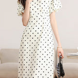 Gentle Commuter Polka Dot Puff Sleeve Dress
