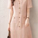 Elegant Commuter V-Neck Lace Pearl Button Pleated Dress