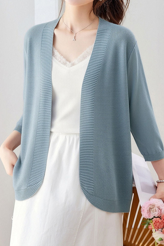 Temperament Commuter Thin V-Neck Three-Quarter Sleeve Knit Cardigan