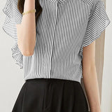 Minimalist Commuter Black And White Striped Stand Collar Blouse