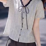 Sophisticated Commuter Vertical Striped Shirt With Contrast Ruffled Trim And Self-Tie Sash