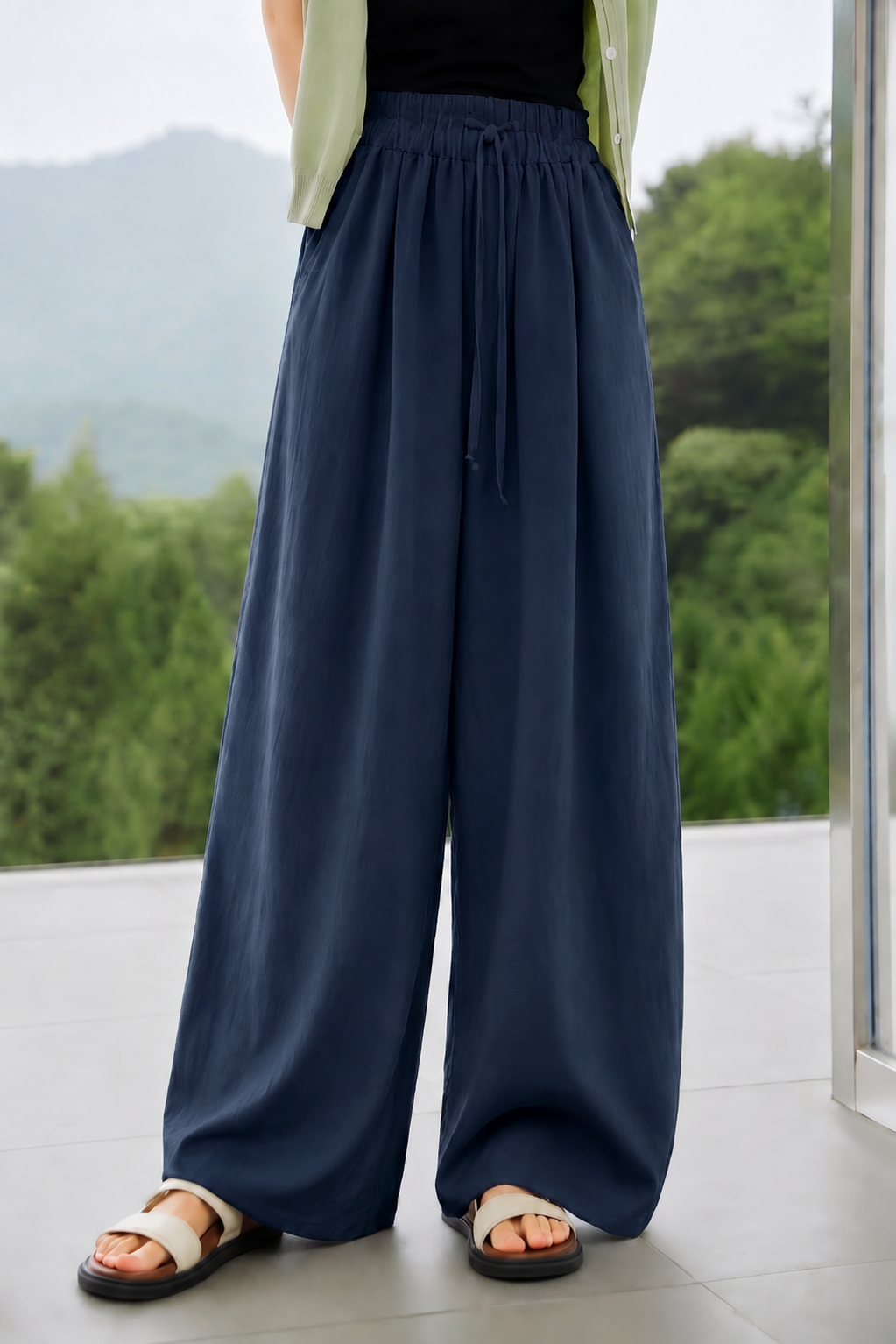 Casual Linen Wide-Leg Trousers With Drawstring Elastic Waist