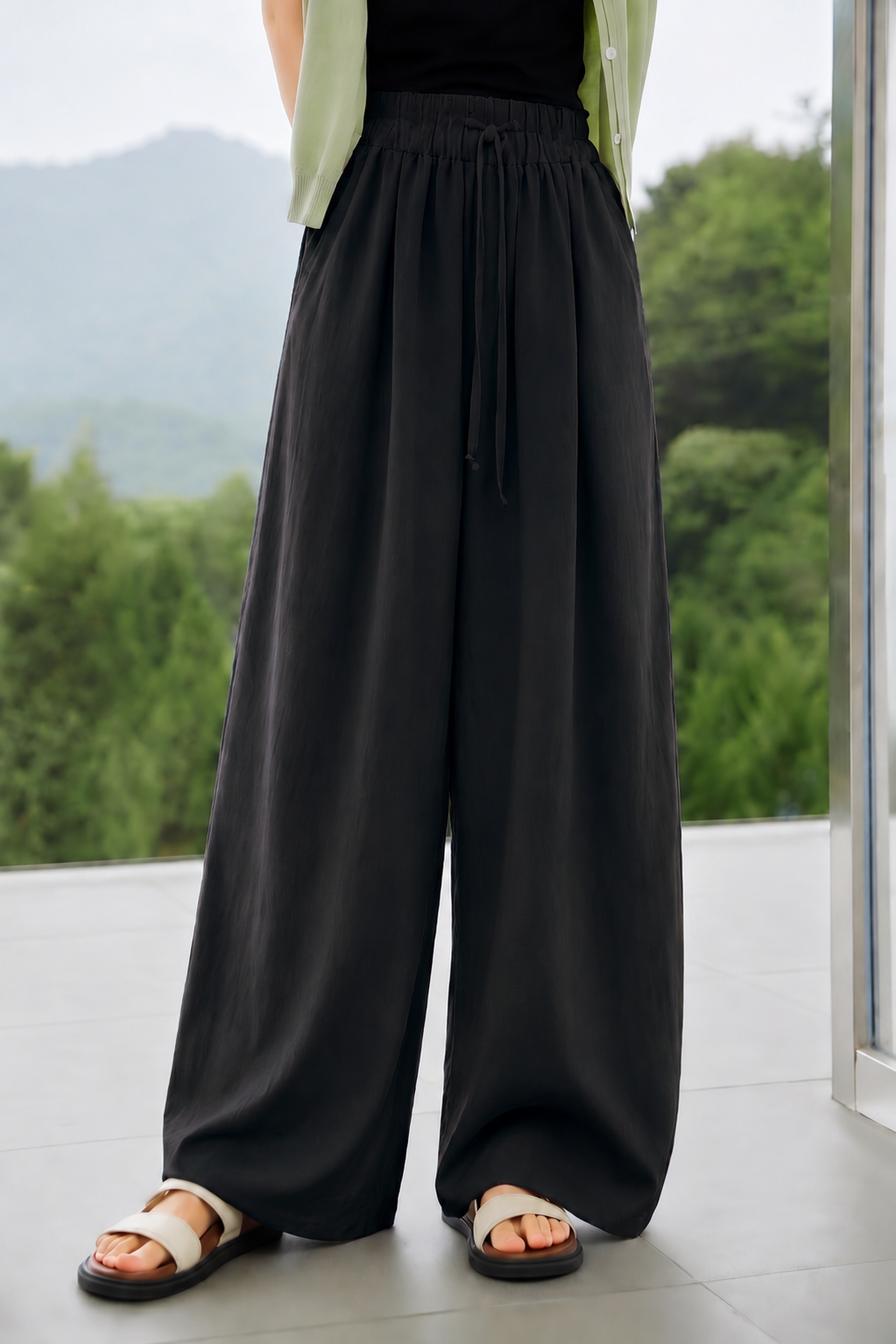 Casual Linen Wide-Leg Trousers With Drawstring Elastic Waist