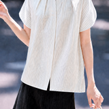 French Commuter Striped Crew Neck Ruched Button Short-Sleeve Blouse