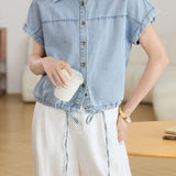 Casual Vintage Denim Lapel Raglan Drawstring Short-Sleeve Shirt