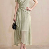 Exquisite Date V-Neck Waist-Cinched Short-Sleeve Irregular Dress