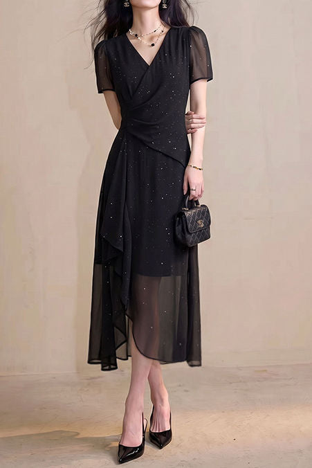 Exquisite Date V-Neck Waist-Cinched Short-Sleeve Irregular Dress