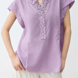 French Romantic Lyocell Heavy Embossed 3D Floral Puff Sleeve V-Neck Blouse