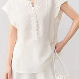 French Romantic Lyocell Heavy Embossed 3D Floral Puff Sleeve V-Neck Blouse
