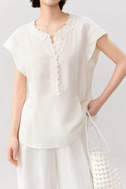 French Romantic Lyocell Heavy Embossed 3D Floral Puff Sleeve V-Neck Blouse