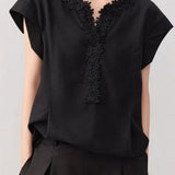 French Romantic Lyocell Heavy Embossed 3D Floral Puff Sleeve V-Neck Blouse