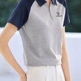 Elegant Commuter Raglan Color Block Star Embroidery Half-Zip T-Shirt