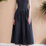 Vintage Commuter Denim V-Neck Single-Breasted Sleeveless Tank Dress