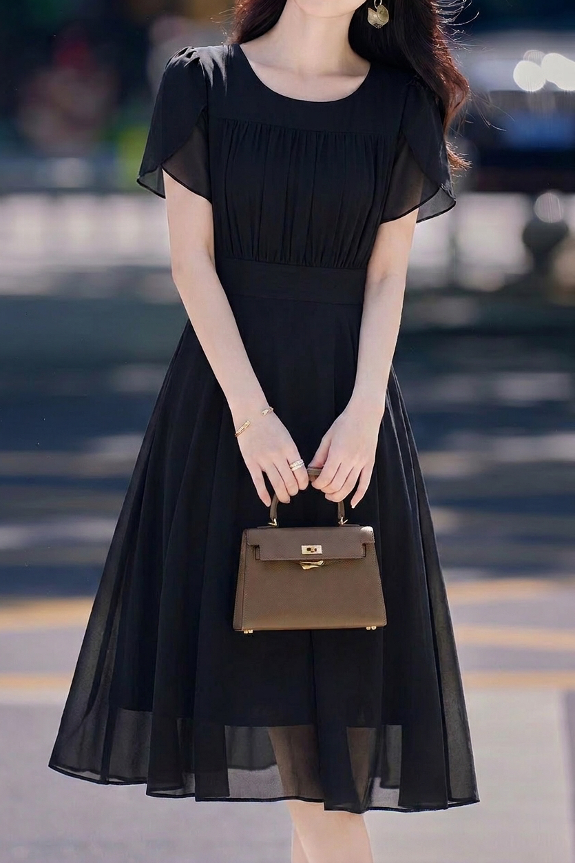 Elegant Pleated Ruffle Chiffon Ruffle Sleeve Dress