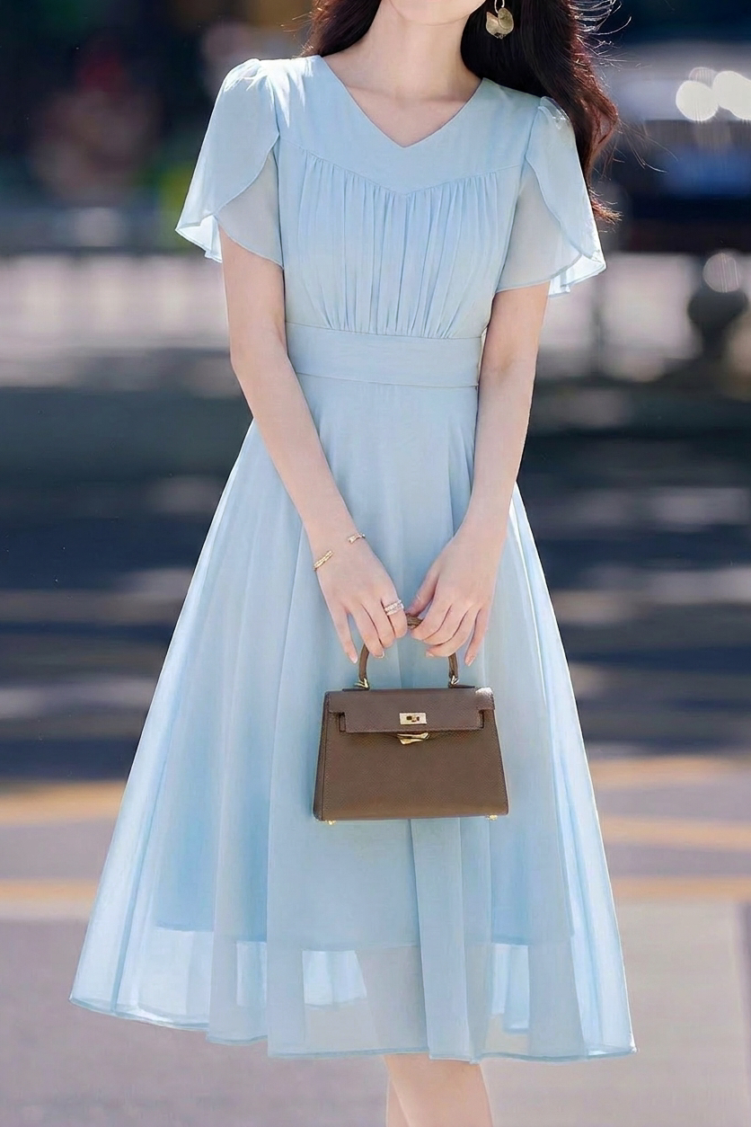 Elegant Pleated Ruffle Chiffon Ruffle Sleeve Dress