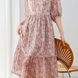 Fresh Floral Layered Spliced Ruched Dress