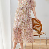 Fresh Floral Layered Spliced Ruched Dress