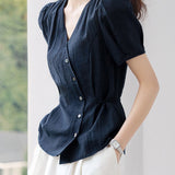 Casual Commuter Ruched Asymmetric Placket Tie Waist Blouse