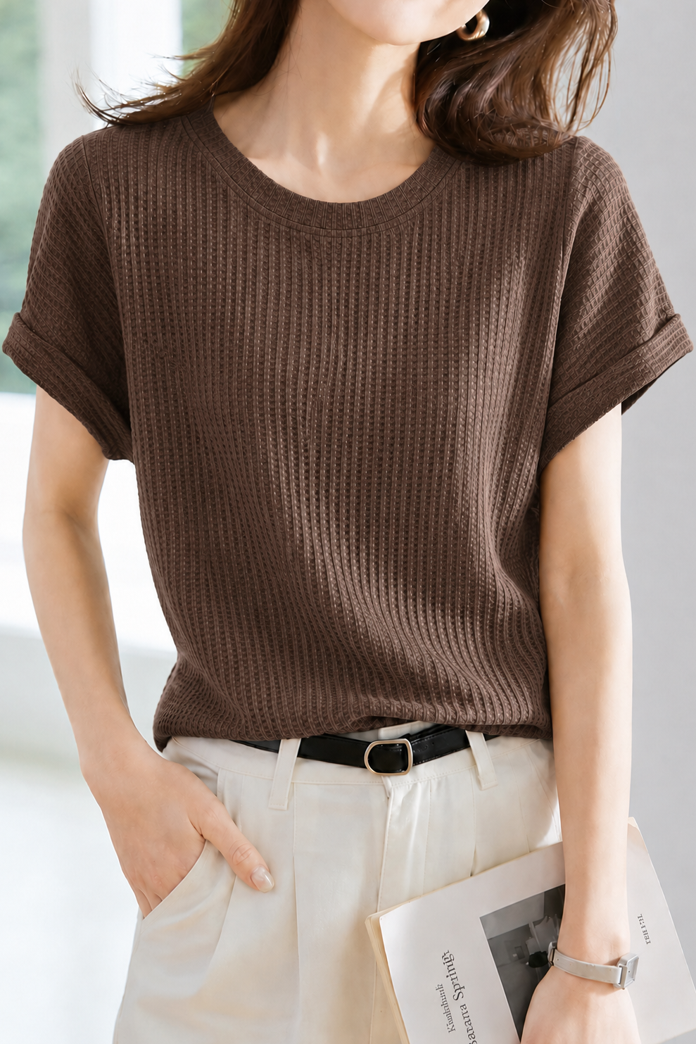 Casual Cuffed Waffle Crew Neck T-Shirt