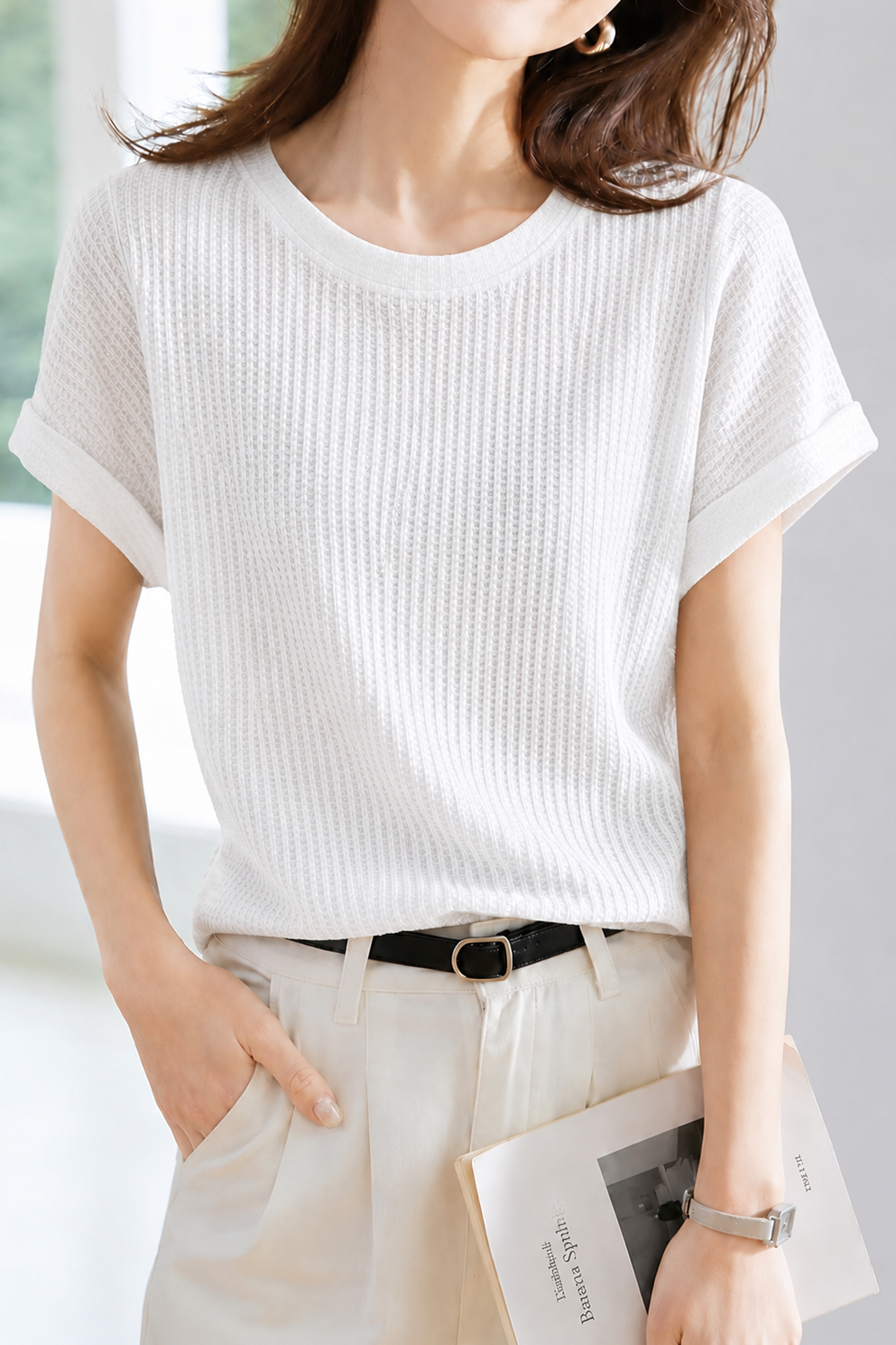 Casual Cuffed Waffle Crew Neck T-Shirt
