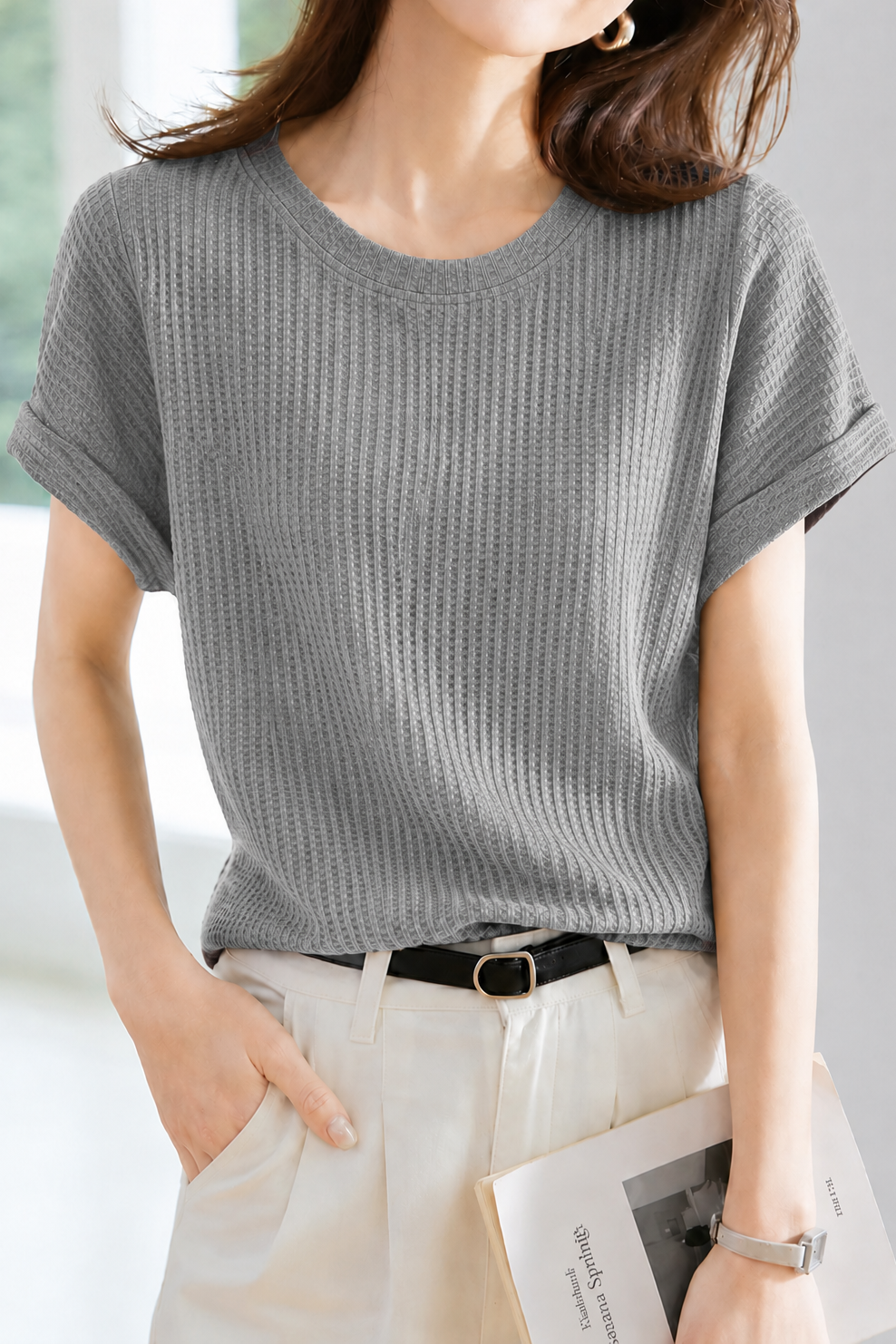 Casual Cuffed Waffle Crew Neck T-Shirt