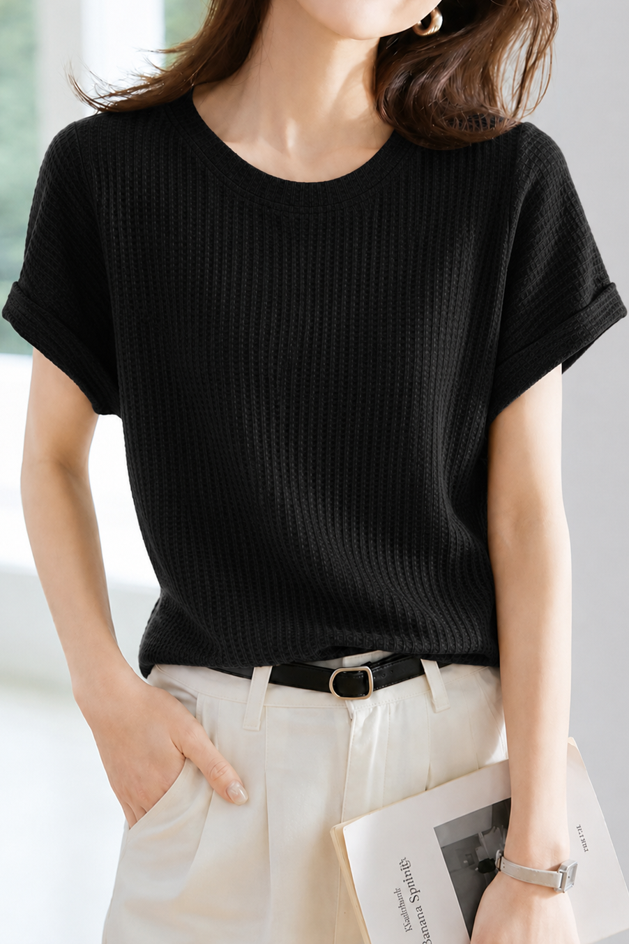 Casual Cuffed Waffle Crew Neck T-Shirt