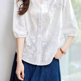 Exquisite Elegant V-Neck Embroidered Hollow-Out Short-Sleeve Blouse