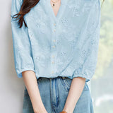 Exquisite Elegant V-Neck Embroidered Hollow-Out Short-Sleeve Blouse