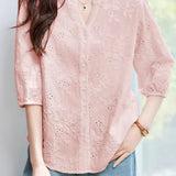 Exquisite Elegant V-Neck Embroidered Hollow-Out Short-Sleeve Blouse