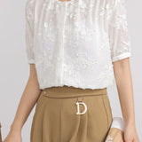 Elegant French 3D Jacquard Crew Neck Short-Sleeve Blouse