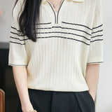 Sophisticated Commuter Polo Collar Striped Tencel Half-Sleeve Knit Top