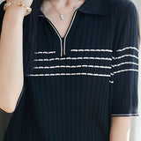 Sophisticated Commuter Polo Collar Striped Tencel Half-Sleeve Knit Top