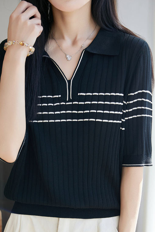 Sophisticated Commuter Polo Collar Striped Tencel Half-Sleeve Knit Top