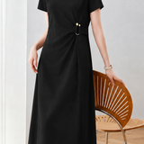 Elegant Commuter Crew Neck Dress With Side U-Buckle Twist Gathered Waist