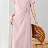 Elegant Commuter Crew Neck Dress With Side U-Buckle Twist Gathered Waist