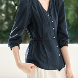 Casual Commuter V-Neck Blouse With Tie Cinched Waist