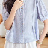 Elegant Commuter Striped Lace Crew Neck Waist-Cinched Ruched Short-Sleeve Blouse