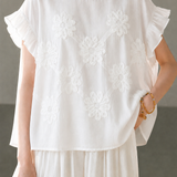 French Elegant 3D Floral Lace Sleeve Spliced Crew Neck Short-Sleeve Blouse