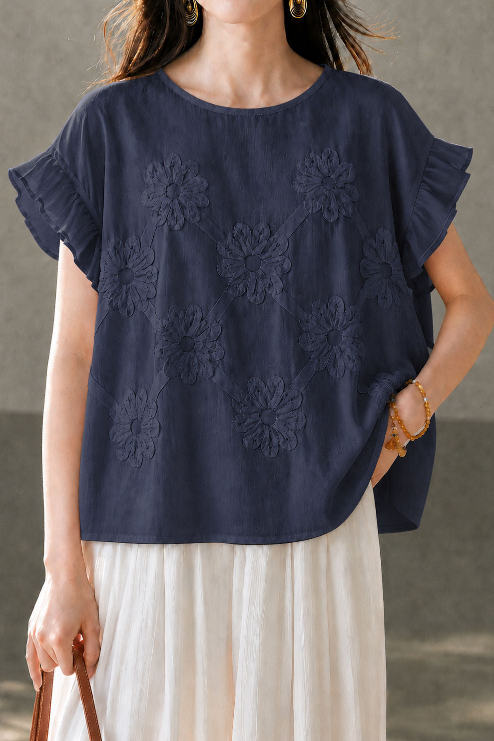 French Elegant 3D Floral Lace Sleeve Spliced Crew Neck Short-Sleeve Blouse