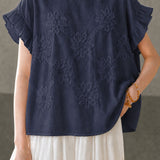 French Elegant 3D Floral Lace Sleeve Spliced Crew Neck Short-Sleeve Blouse