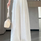Casual Linen Ice Silk High-Waisted Tie Wide-Leg Trousers