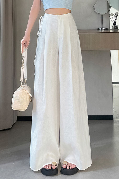 Casual Linen Ice Silk High-Waisted Tie Wide-Leg Trousers