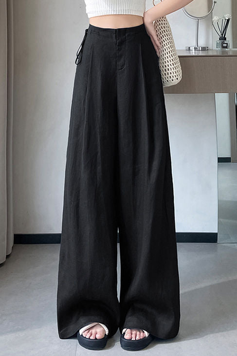 Casual Linen Ice Silk High-Waisted Tie Wide-Leg Trousers