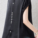Exquisite Elegant Crew Neck Button Acetate Satin Raglan Sleeve Blouse