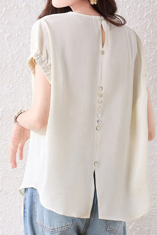 Exquisite Elegant Crew Neck Button Acetate Satin Raglan Sleeve Blouse
