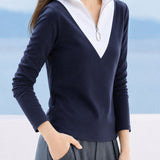 Elegant Commuter Contrast Half-Zip Stand Collar Slim Long-Sleeve Base Layer Top